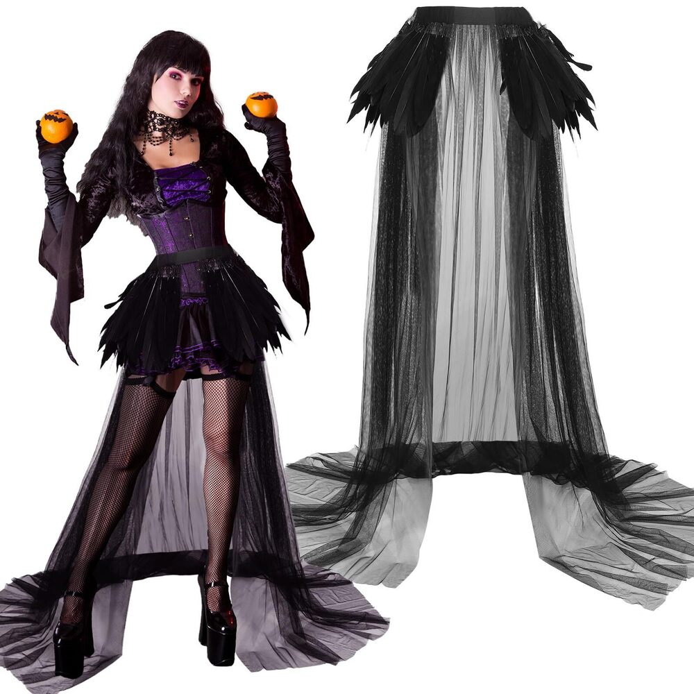 8300 Tulle Maxi Witch Evil Devil Feather Skirt Gothic Mesh Long Tutu Skirts